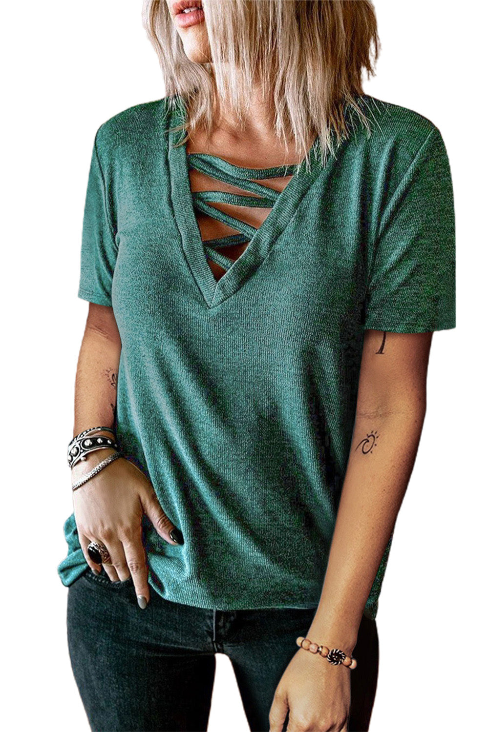 Short Sleeve Crisscross Front V Neck T Shirt