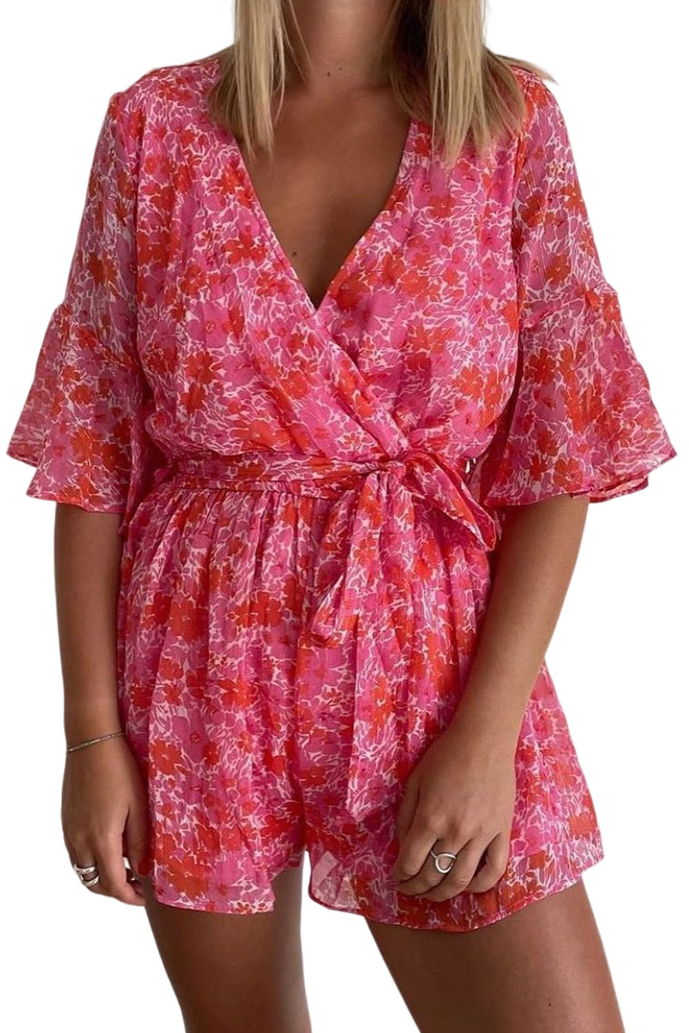 Wrap V Neck Ruffled Sleeve Floral Romper
