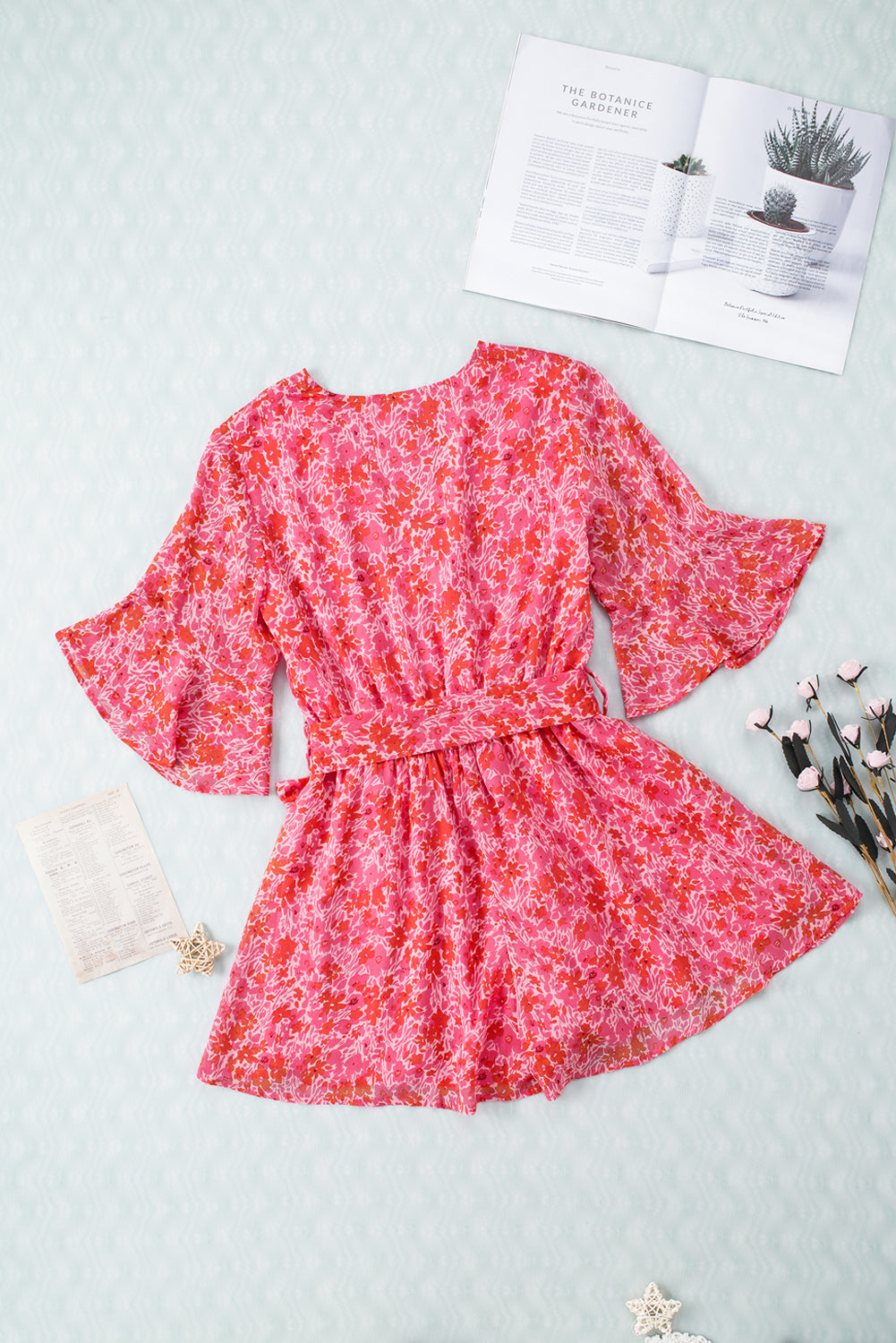 Wrap V Neck Ruffled Sleeve Floral Romper