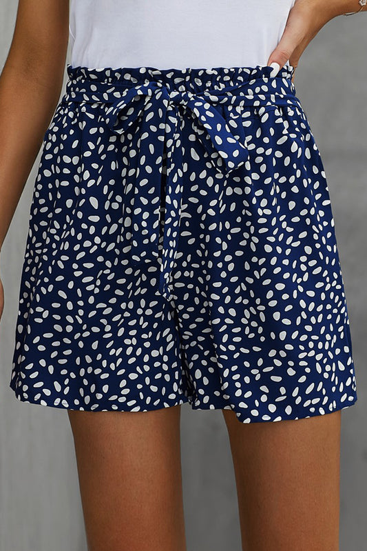 Navy Blue Spotted Print Elastic High Waisted Belted Paperbag Shorts