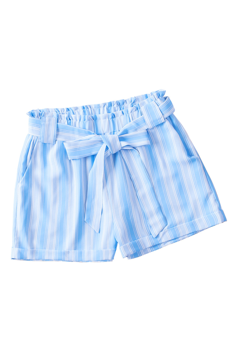 Light Blue Striped Elastic High Waisted Paperbag Shorts