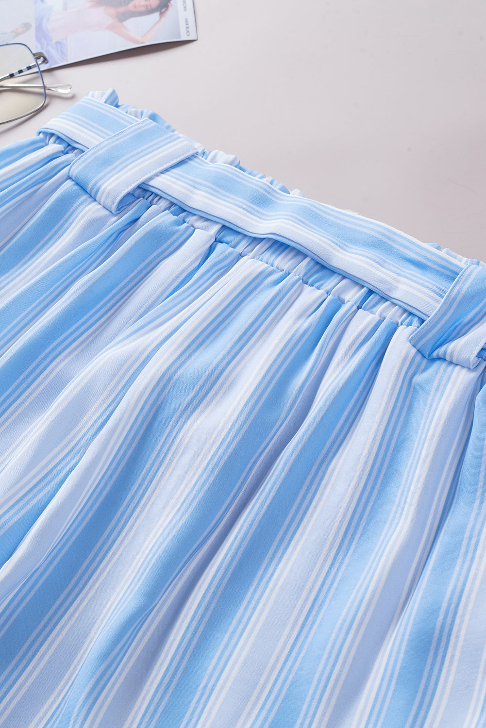 Light Blue Striped Elastic High Waisted Paperbag Shorts