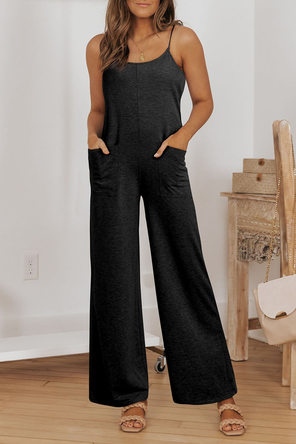 Khaki Leopard Print Wide Leg Spaghetti Straps Jumpsuit