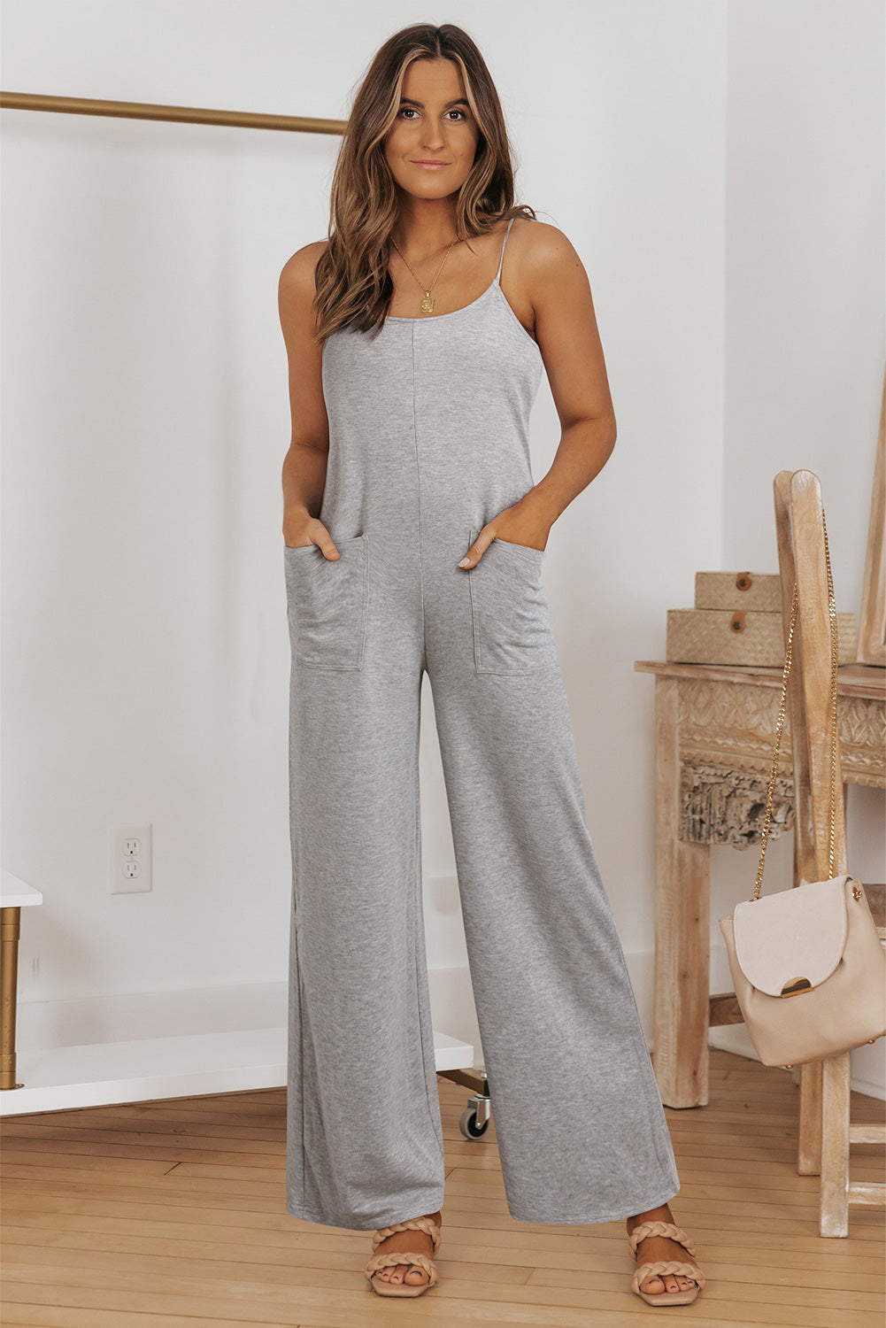Khaki Leopard Print Wide Leg Spaghetti Straps Jumpsuit
