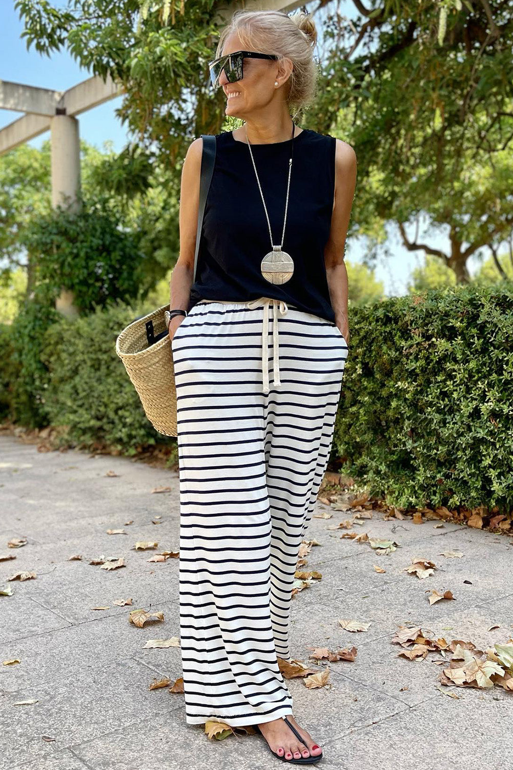 Striped Crew Neck Casual Ribbed Tank Top