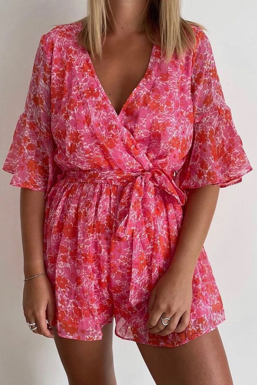Wrap V Neck Ruffled Sleeve Floral Romper