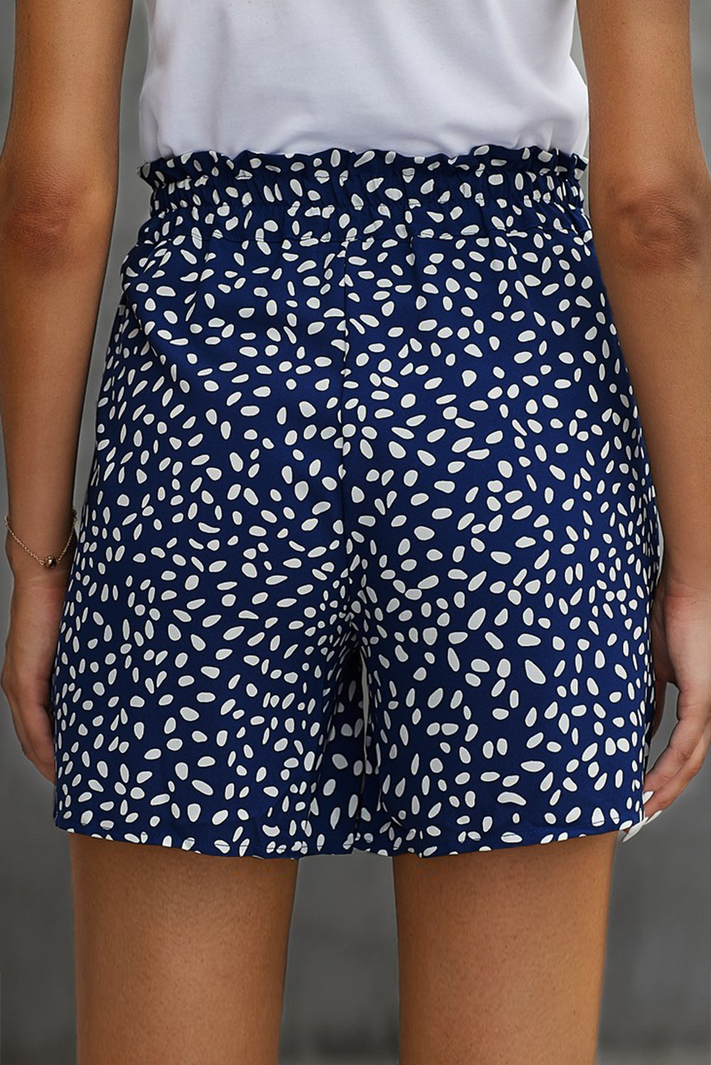 Navy Blue Spotted Print Elastic High Waisted Belted Paperbag Shorts