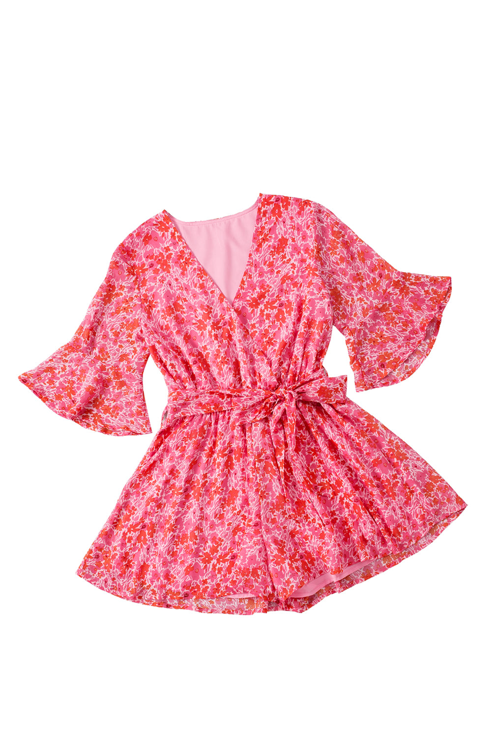 Wrap V Neck Ruffled Sleeve Floral Romper