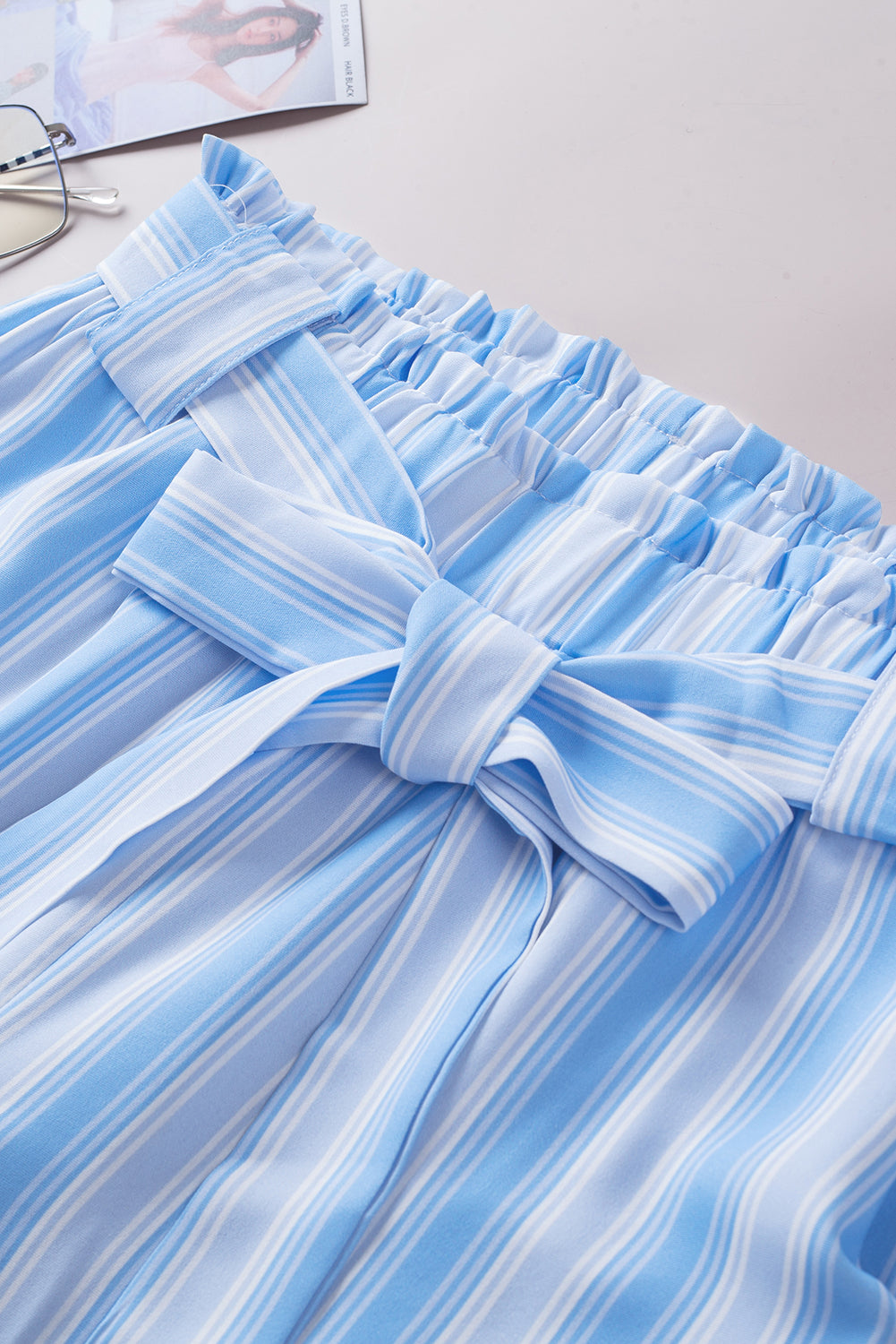 Light Blue Striped Elastic High Waisted Paperbag Shorts