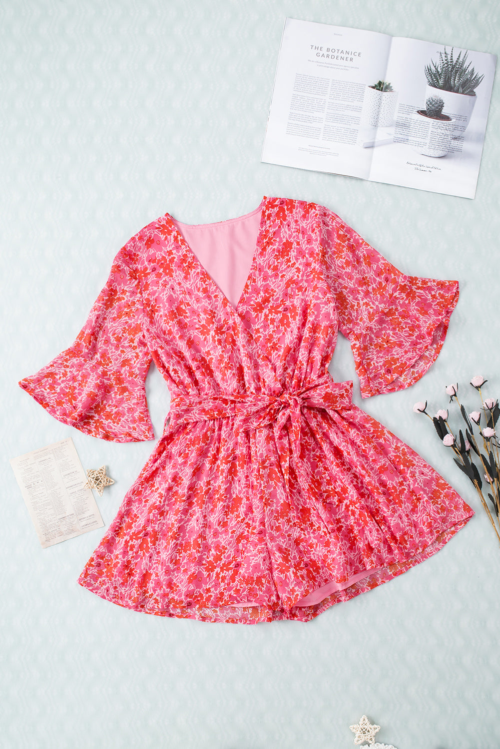 Wrap V Neck Ruffled Sleeve Floral Romper