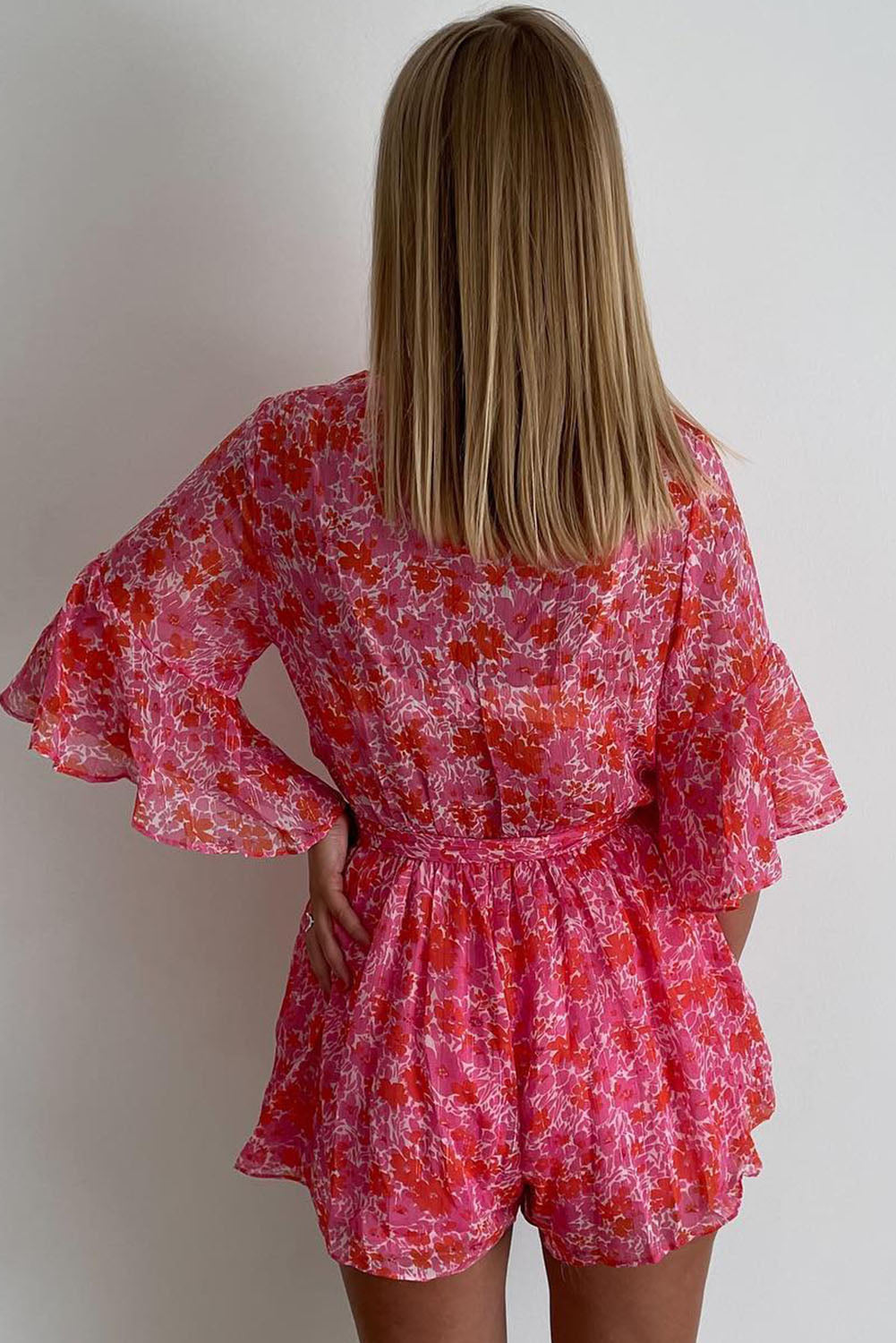 Wrap V Neck Ruffled Sleeve Floral Romper