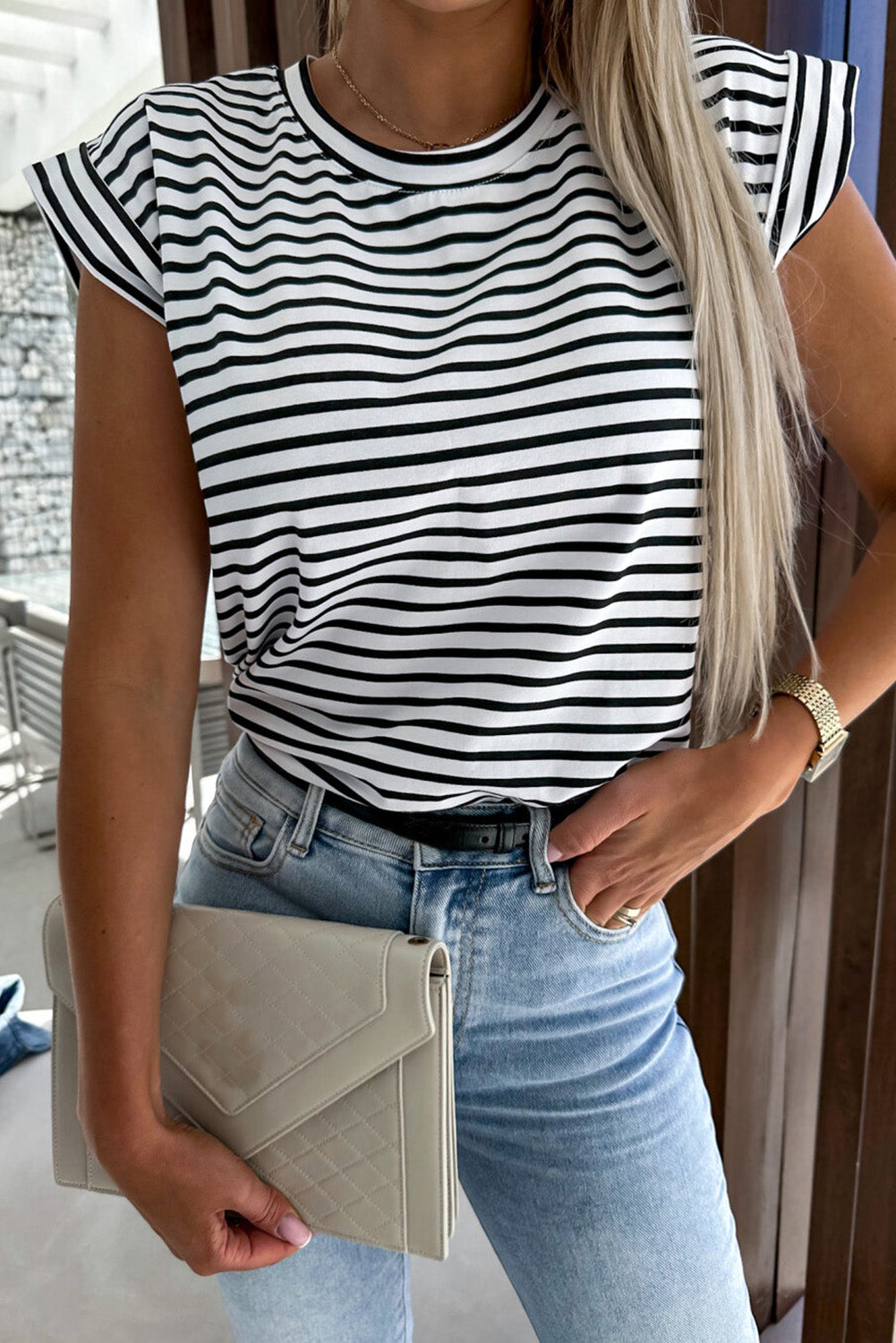 Striped Crew Neck Casual Ribbed Tank Top