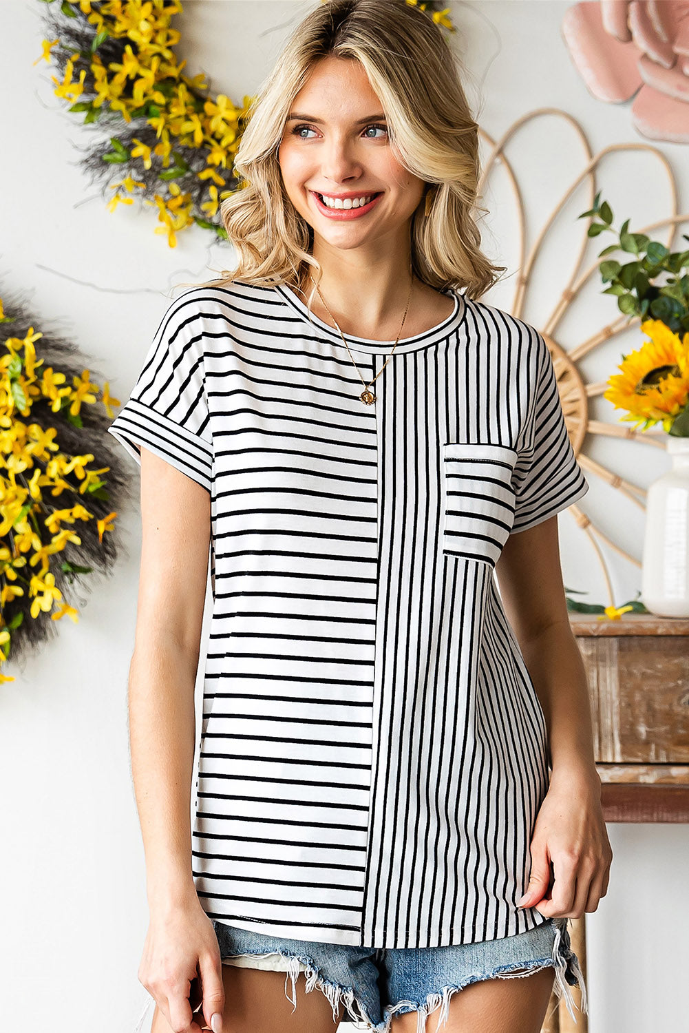 Striped Print Casual Pocket T Shirt