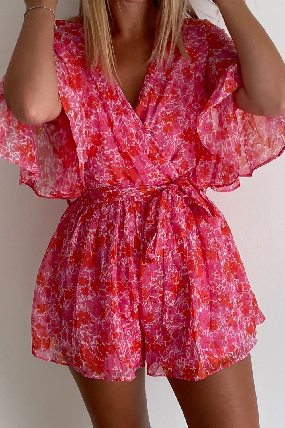 Wrap V Neck Ruffled Sleeve Floral Romper