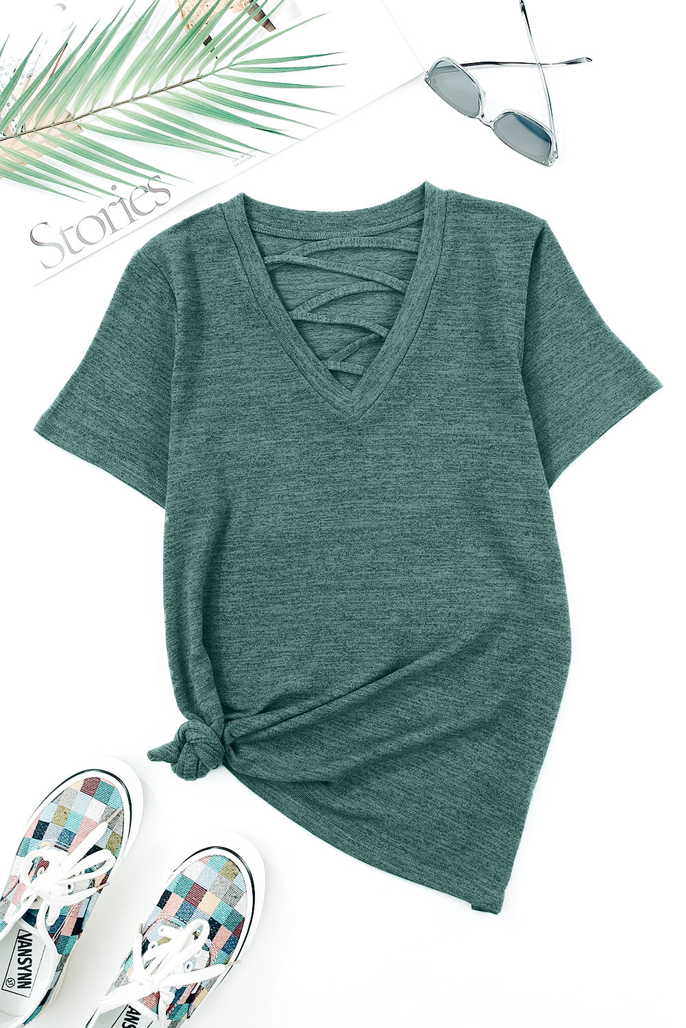 Short Sleeve Crisscross Front V Neck T Shirt
