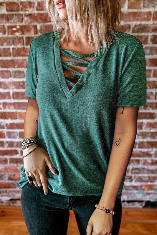 Short Sleeve Crisscross Front V Neck T Shirt